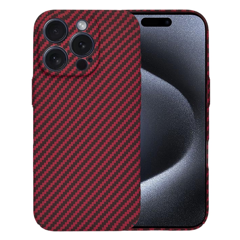 Husa pentru iPhone 15 Pro, SKYDDAR INNOVATION, textura carbon, Carbonite FiberShell, Rosu, set cu sticker