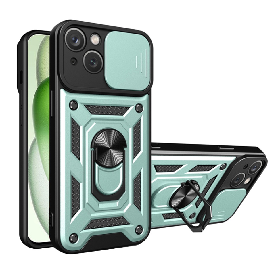 Husa pentru iPhone 15, SKYDDAR INNOVATION, CamShield, Verde, set cu sticker