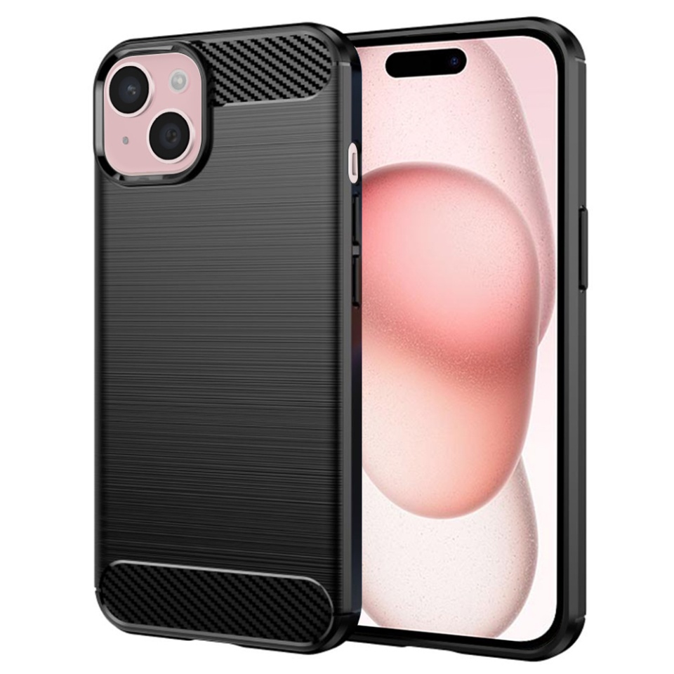 Husa pentru iPhone 15, SKYDDAR INNOVATION, Carbon Silicone, din Silicon Premium, Slim, cu textura Fibra Carbon, Negru, set cu sticker