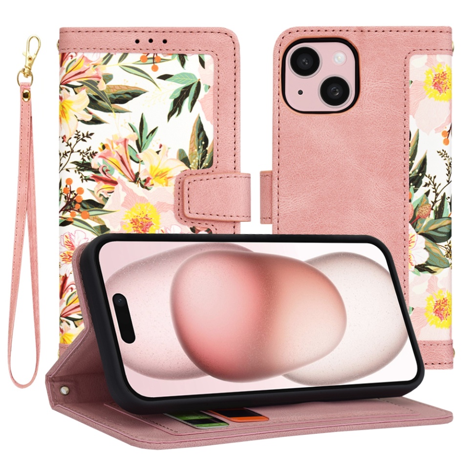 Husa pentru iPhone 15, SKYDDAR INNOVATION, Floral Wallet, din Piele Ecologică cu Design Floral, Protecție 360°, Stand Integrat, Buzunare pentru Carduri, Roz, set cu sticker