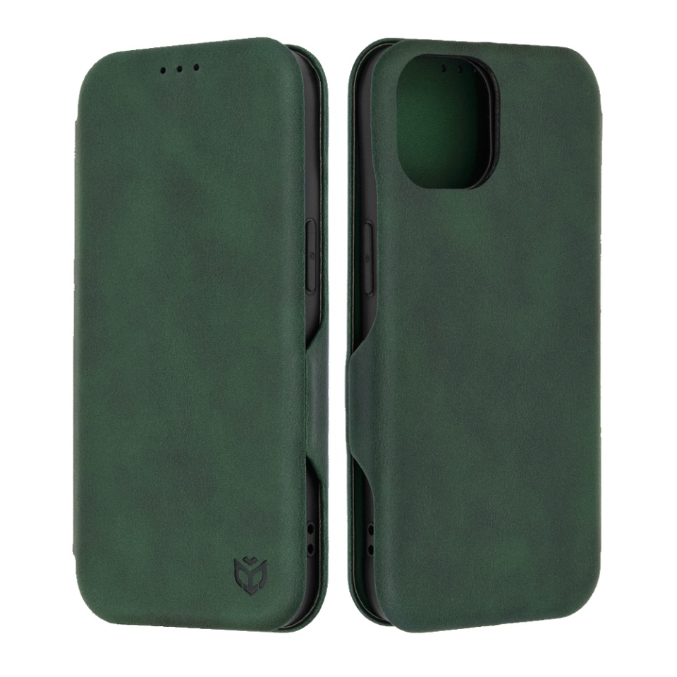 Husa pentru iPhone 15, SKYDDAR INNOVATION, Safe Wallet tip carte din Piele Ecologica, Suport Carduri, Inchidere Magnetica, Verde, set cu sticker