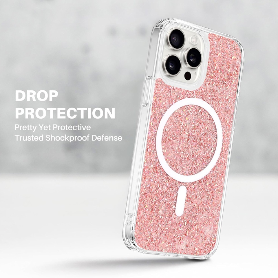 Husa pentru iPhone 15, SKYDDAR INNOVATION, SparkleCase, din Silicon cu Sclipici, Protectie Completa, Roz, set cu sticker - 3 | YEO