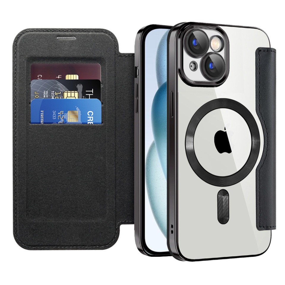 Husa pentru iPhone 15 tip carte, SKYDDAR INOVATION, SmartMag Book, Magsafe, RFiD, Suport Carduri, set cu sticker, Negru