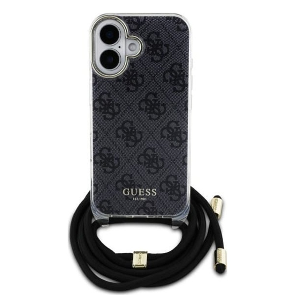 Husa pentru iPhone 16 cu snur, Crossbody Cord 4G Print, Guess - Negru - 1 | YEO