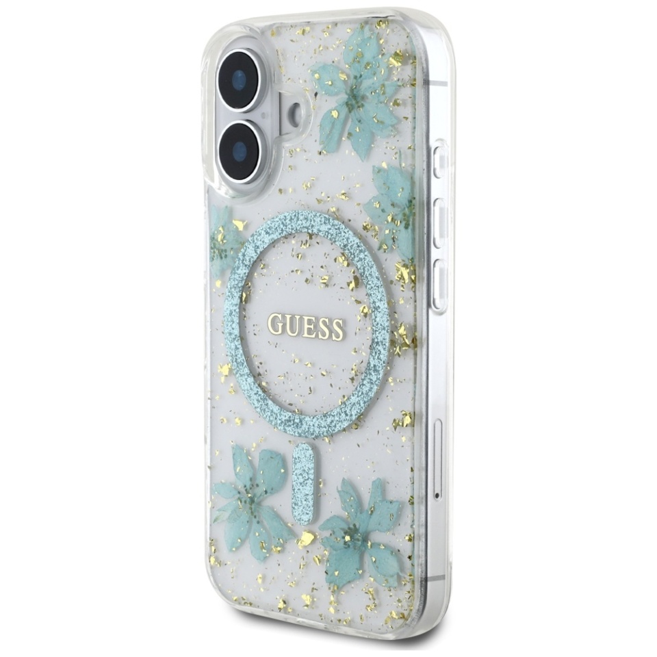 Husa pentru iPhone 16, Hardcase Resin Flowers and Glitter MagSafe, Guess - Turcoaz - 3 | YEO