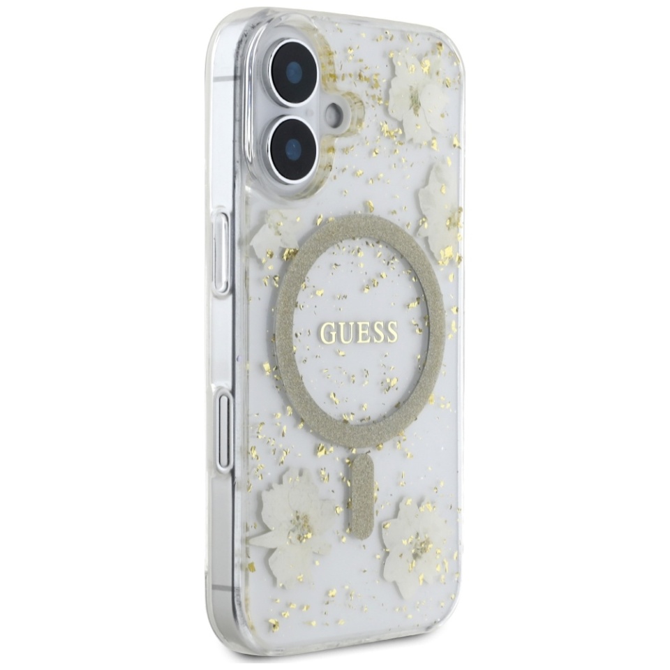 Husa pentru iPhone 16, Hardcase Resin Flowers and Glitter MagSafe, Guess - Bej - 2 | YEO