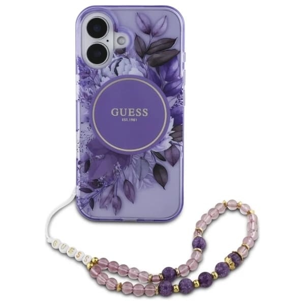 Husa pentru iPhone 16, IML Flowers with Pearl Strap MagSafe, Guess - Mov - 1 | YEO