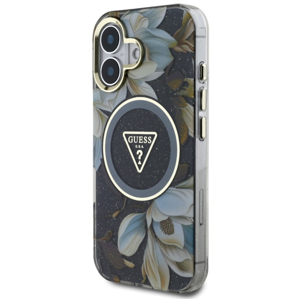 Husa pentru iPhone 16, IML Flowers with Pearl Strap MagSafe, Guess - Negru - 2 | YEO