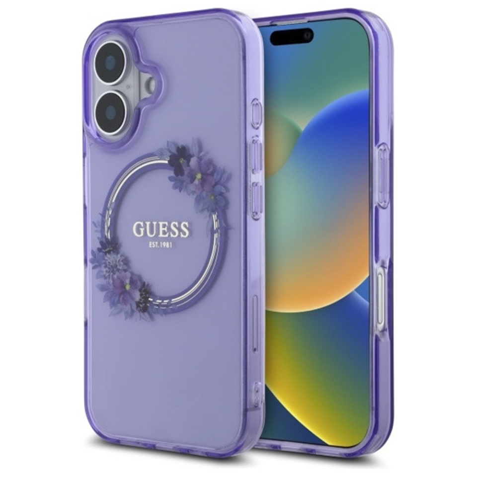 Husa pentru iPhone 16, IML Flowers Wreath MagSafe, Guess - Mov