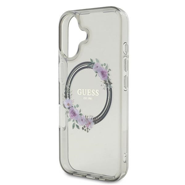Husa pentru iPhone 16, IML Flowers Wreath MagSafe, Guess - Negru - 5