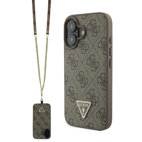 Husa pentru iPhone 16 Leather Metal Logo Strass Crossbody, Guess - Maro