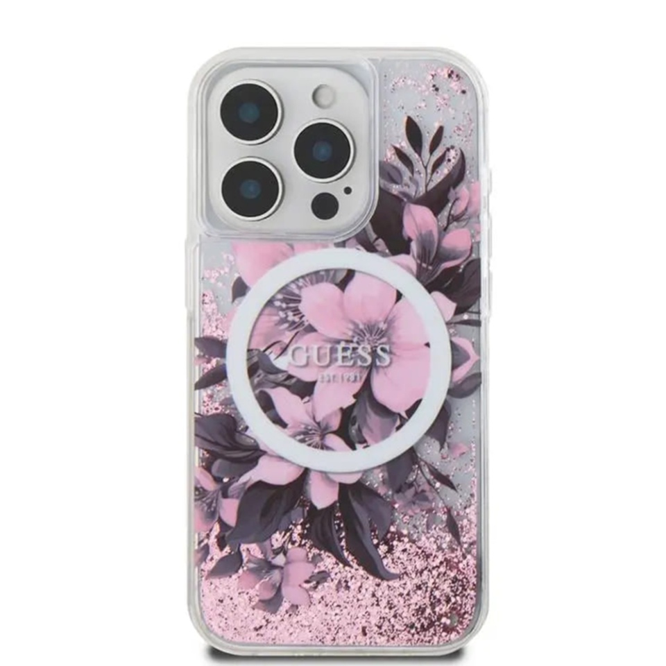 Husa pentru iPhone 16 Liquid Glitter Flower MagSafe, Guess - Roz - 1 | YEO