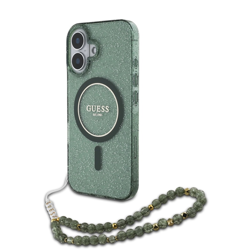 Husa pentru iPhone 16 Plus, IML Glitter with Pearl Strap MagSafe, Guess - Verde - 1 | YEO