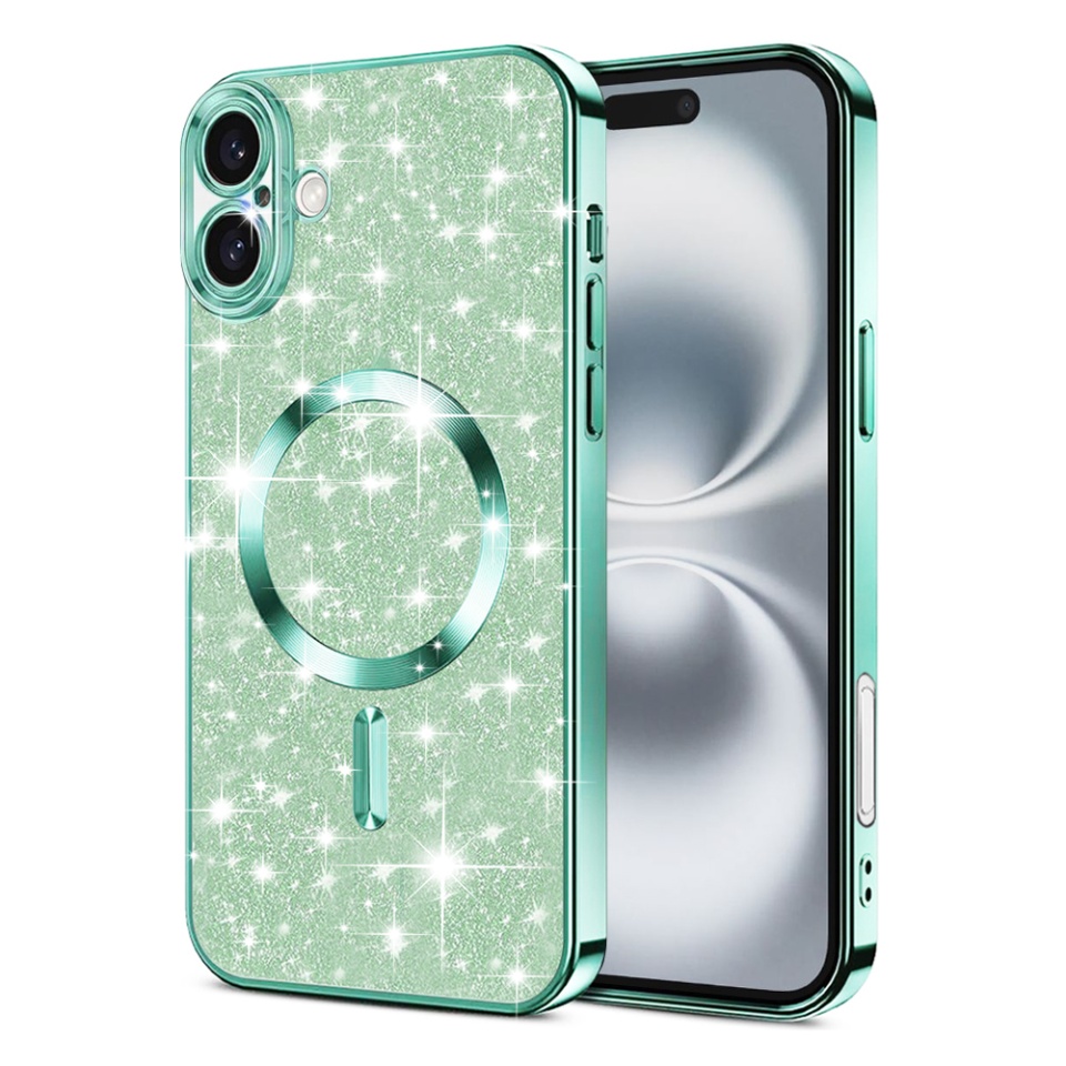 Husa pentru iPhone 16 Plus, SKYDDAR INNOVATION, Luxury Glitter Magsafe, Antisoc, Fundal Detasabil 2-in-1, Protectie Superioara, Margini Ridicate, Verde deschis, set cu sticker