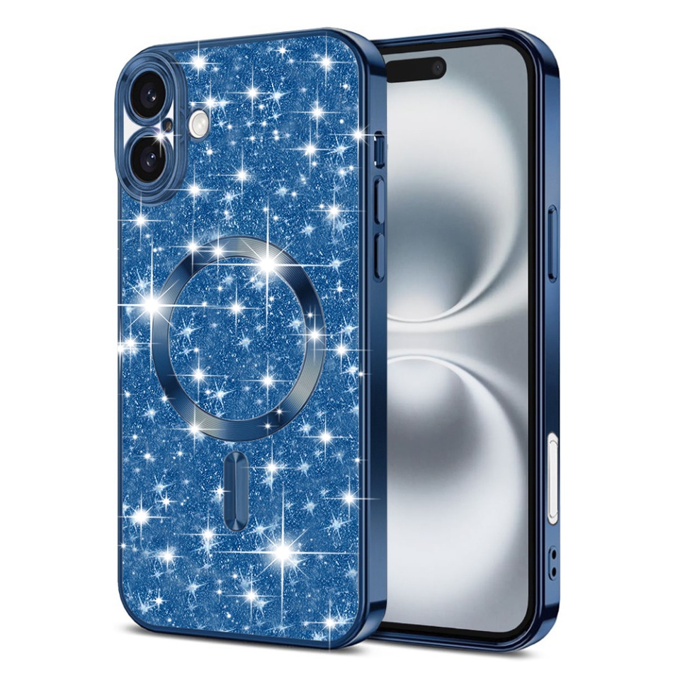 Husa pentru iPhone 16 Plus, SKYDDAR INNOVATION, Luxury Glitter Magsafe, Antisoc, Fundal Detasabil 2-in-1, Protectie Superioara, Margini Ridicate, Albastru, set cu sticker