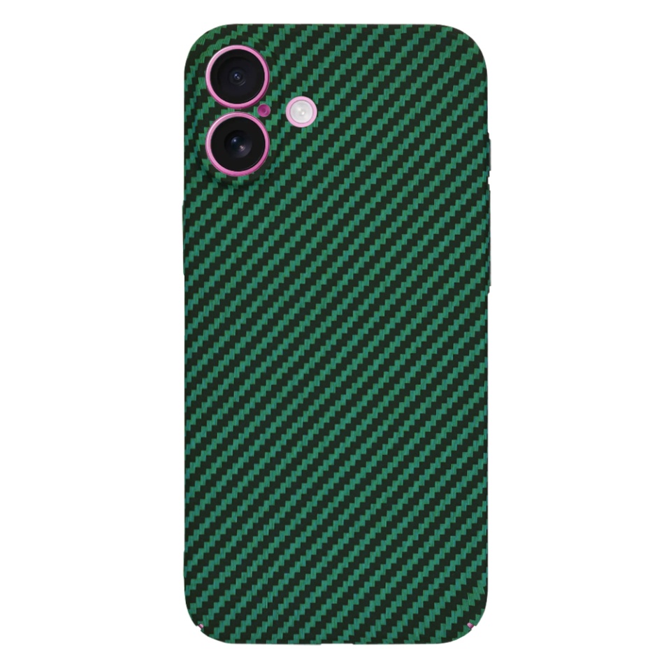 Husa pentru iPhone 16 Plus, SKYDDAR INNOVATION, textura carbon, Carbonite FiberShell, Verde, set cu sticker - 2 | YEO
