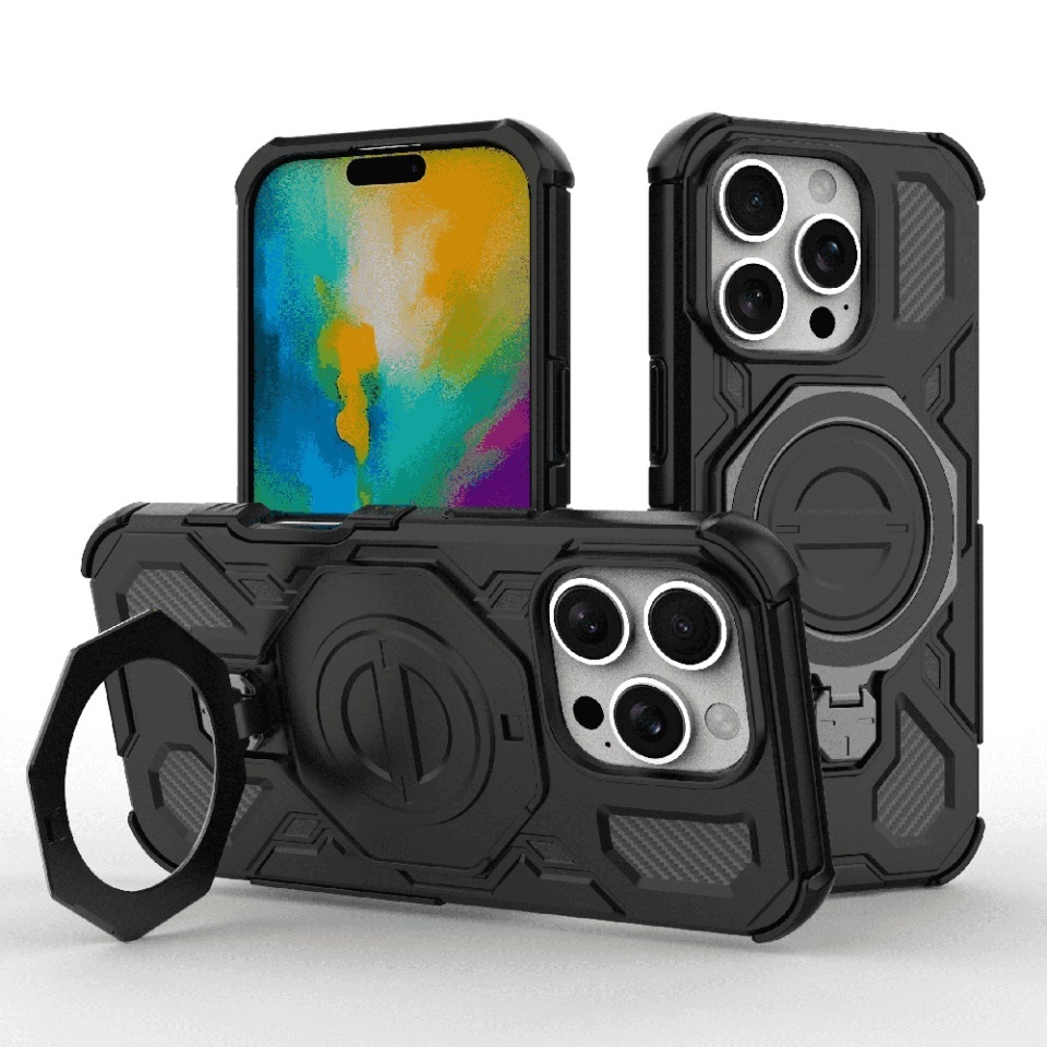 Husa pentru iPhone 16 Pro, Antisoc, SKYDDAR INOVATION, Carbon Shield PRO, Magsafe, set cu sticker, Negru