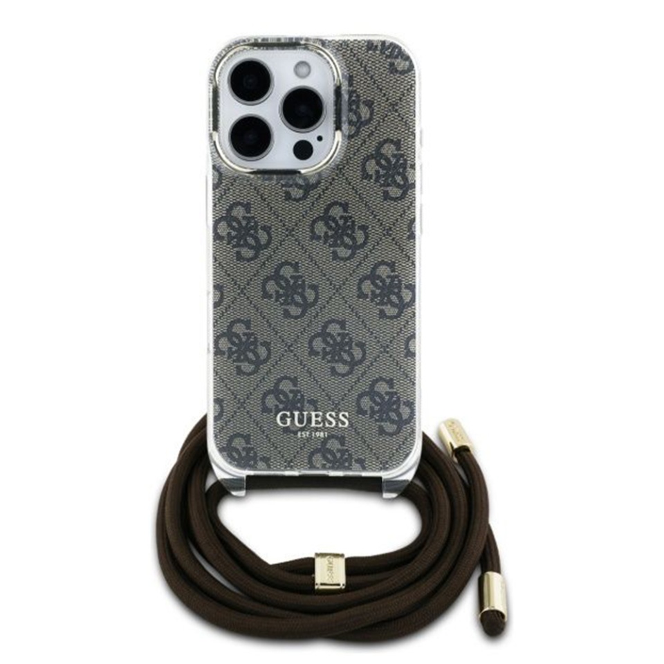 Husa pentru iPhone 16 Pro cu snur, Crossbody Cord 4G Print, Guess - Maro - 1 | YEO