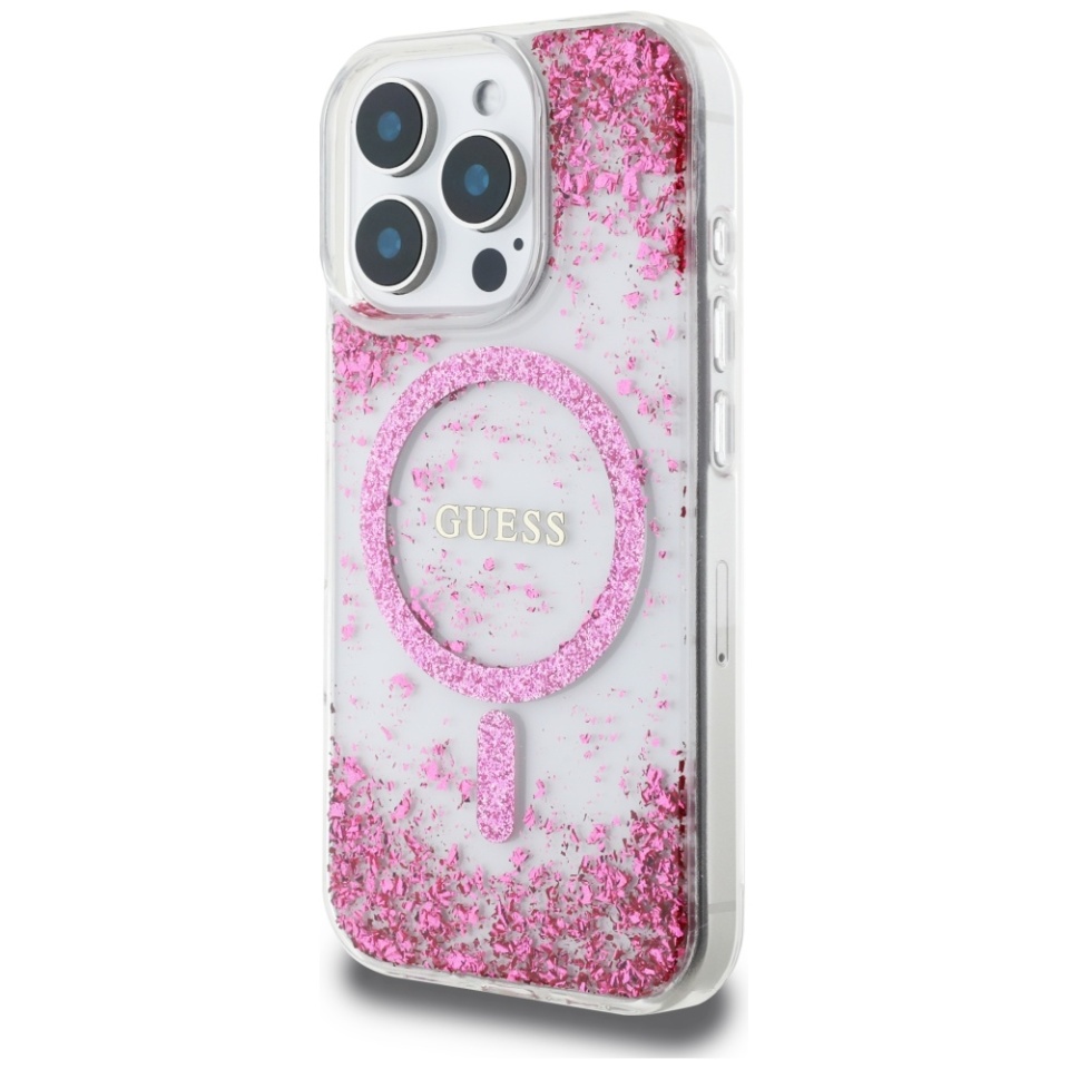 Husa pentru iPhone 16 Pro, Hardcase Resin Bottom Glitter MagSafe, Guess - Roz - 2 | YEO