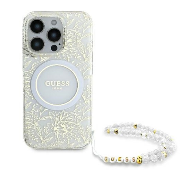 Husa pentru iPhone 16 Pro, IML Flowers Allover Electro With Pearl Strap MagSafe, Guess - Alb - 2 | YEO