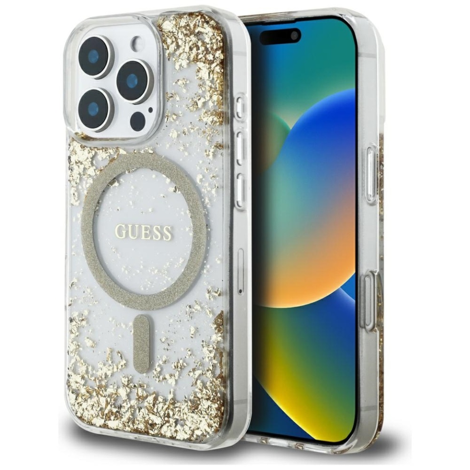 Husa pentru iPhone 16 Pro Max, Hardcase Resin Bottom Glitter MagSafe, Guess - Auriu