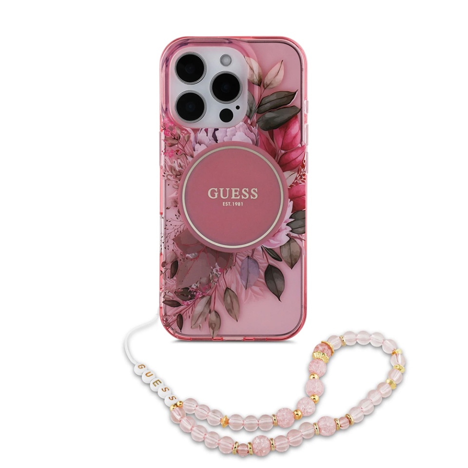 Husa pentru iPhone 16 Pro Max, IML Flowers with Pearl Strap MagSafe, Guess - Roz