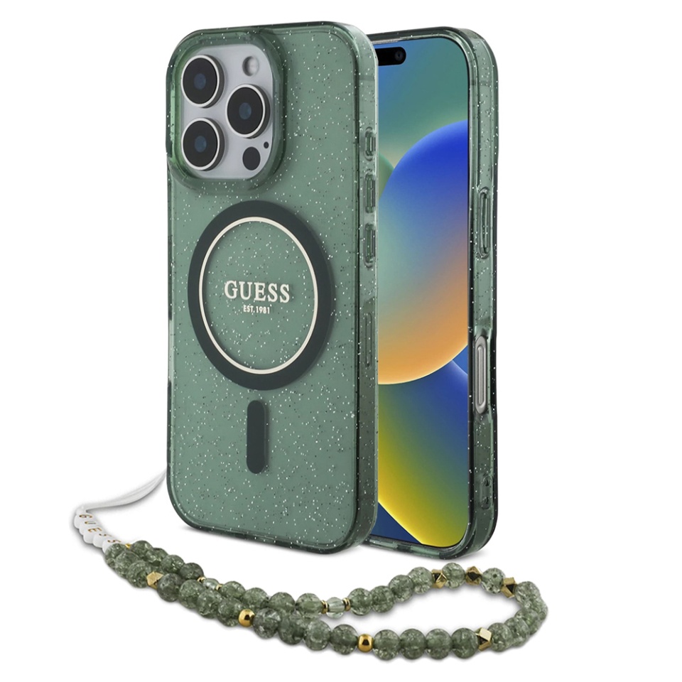 Husa pentru iPhone 16 Pro Max, IML Glitter with Pearl Strap MagSafe, Guess - Verde