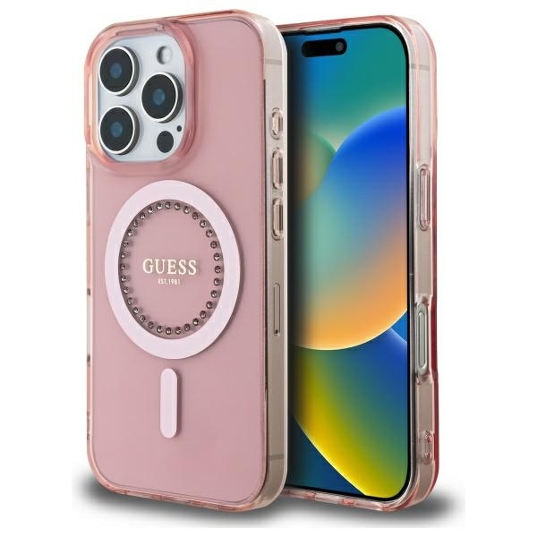 Husa pentru iPhone 16 Pro Max, IML Rhinestones MagSafe, Guess - Roz