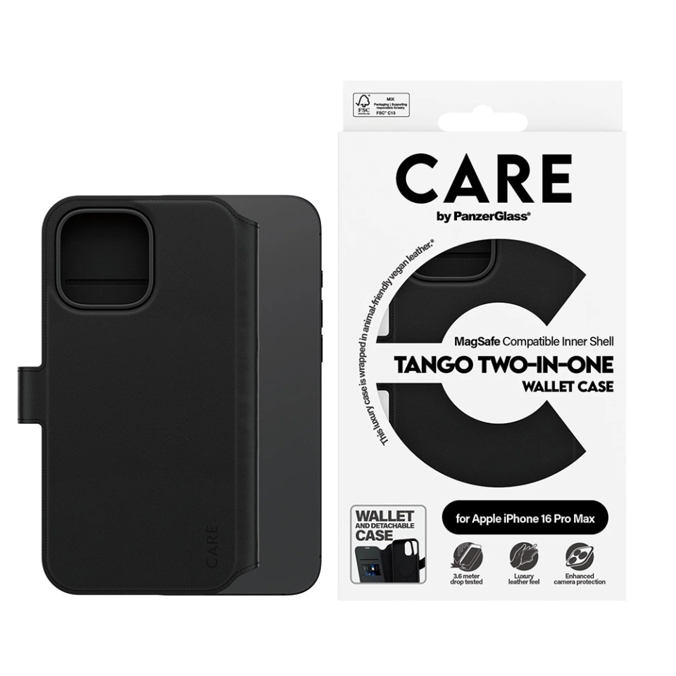 Husa pentru iPhone 16 Pro Max, PanzerGlass, CARE Feature MagSafe Case Tango Two-in-One Wallet, Tip Carte Detasabila 2in1 cu Portofel si Prindere Magnetica, Piele Ecologica, Antisoc, Negru - 2 | YEO
