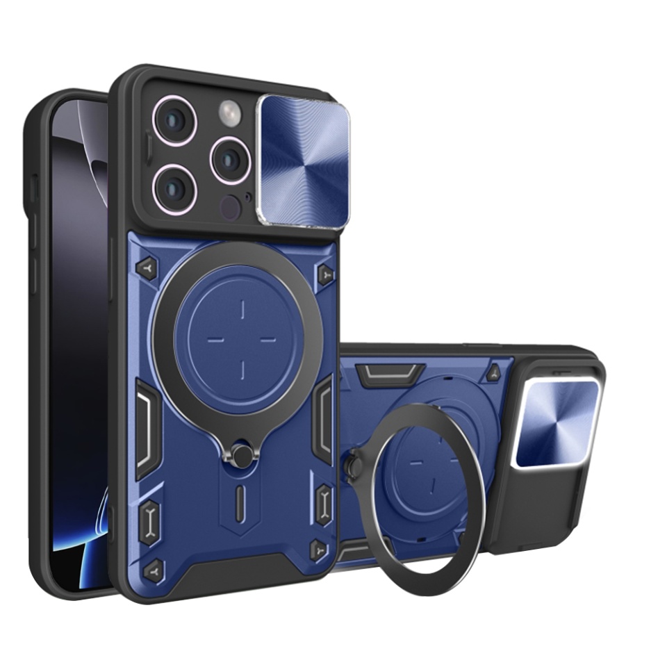 Husa pentru iPhone 16 Pro Max, SKYDDAR INNOVATION, CamGuard Pro, Inel Magnetic, Protectie Camera, Albastru, set cu sticker