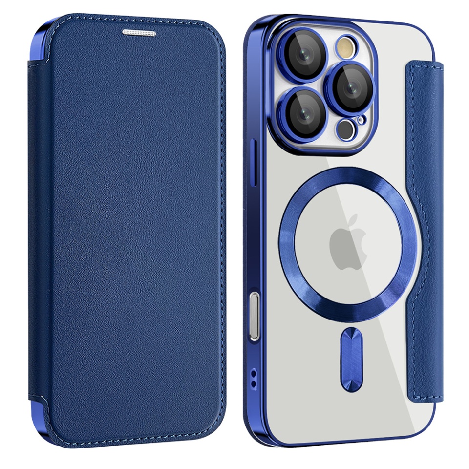 Husa pentru iPhone 16 Pro Max tip carte, SKYDDAR INOVATION, SmartMag Book, Magsafe, RFiD, Suport Carduri, set cu sticker, Albastru - 1 | YEO