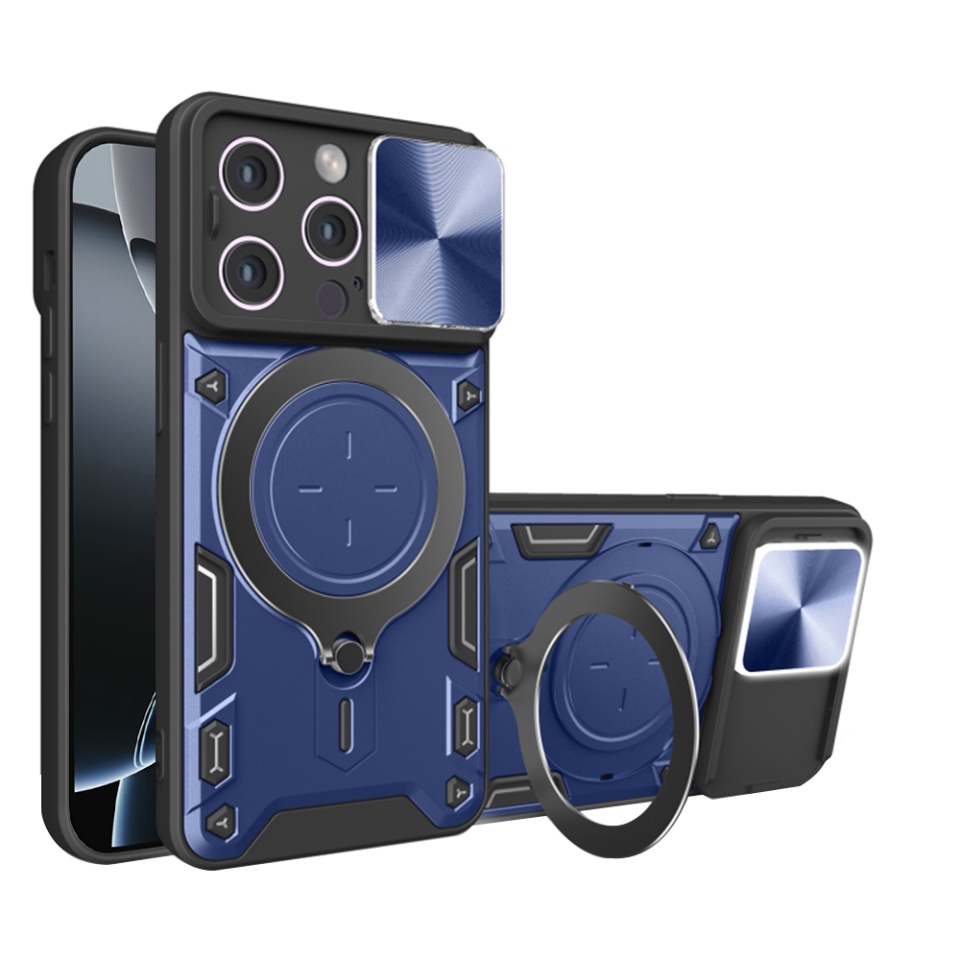 Husa pentru iPhone 16 Pro, SKYDDAR INNOVATION, CamGuard Pro, Inel Magnetic, Protectie Camera, Albastru, set cu sticker