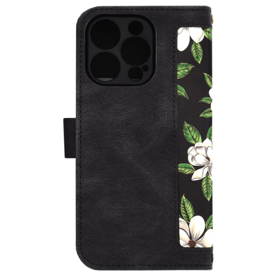 Husa pentru iPhone 16 Pro, SKYDDAR INNOVATION, Floral Wallet, din Piele Ecologică cu Design Floral, Protecție 360°, Stand Integrat, Buzunare pentru Carduri, Negru, set cu sticker - 1 | YEO