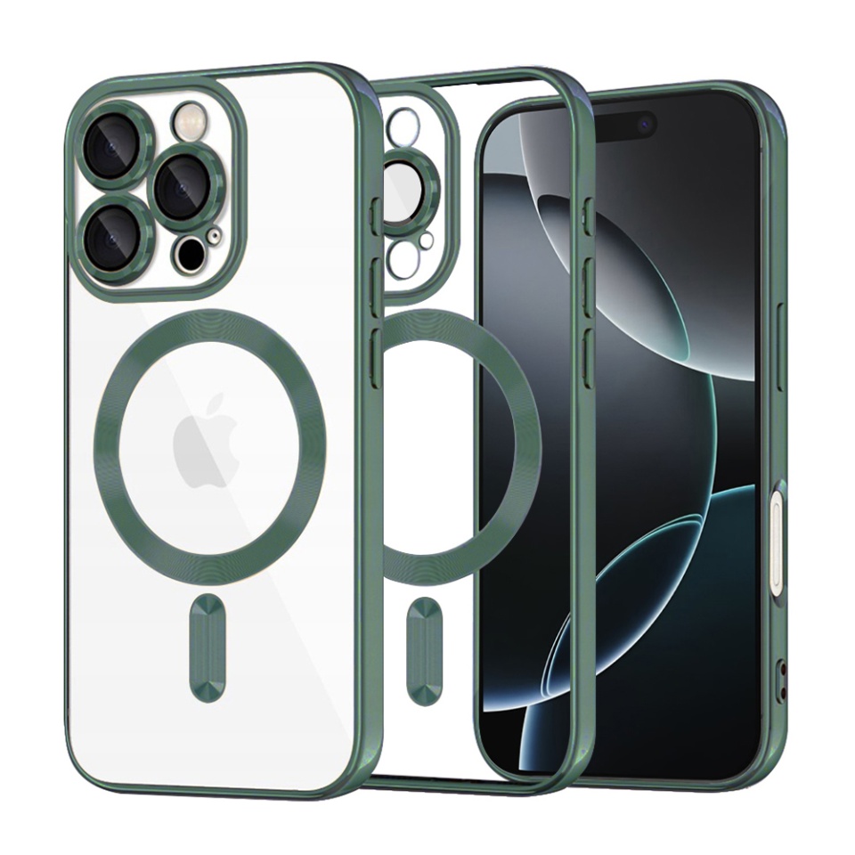 Husa pentru iPhone 16 Pro, SKYDDAR INNOVATION, Luxury Shield Magsafe, Protectie Antisoc, Verde inchis, set cu sticker