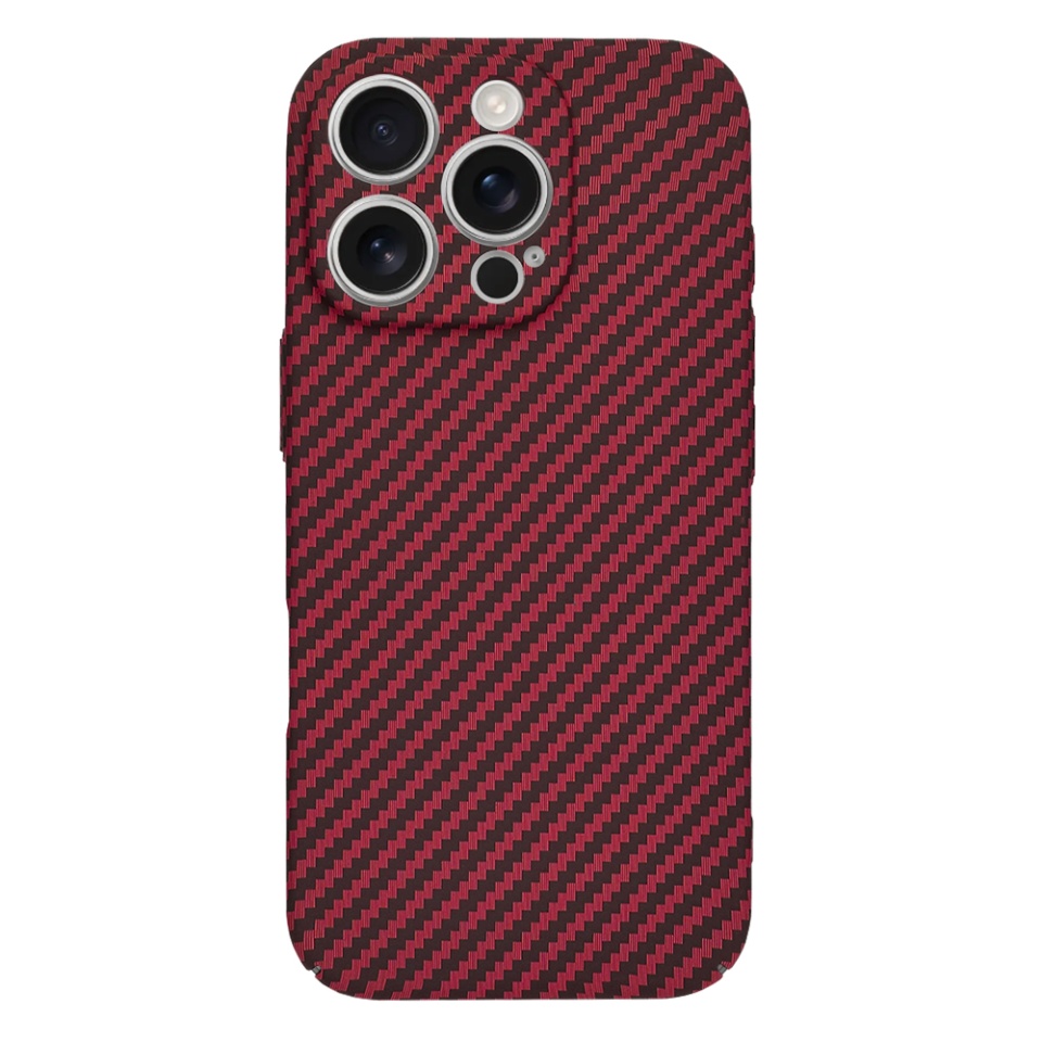 Husa pentru iPhone 16 Pro, SKYDDAR INNOVATION, textura carbon, Carbonite FiberShell, Rosu, set cu sticker - 2 | YEO