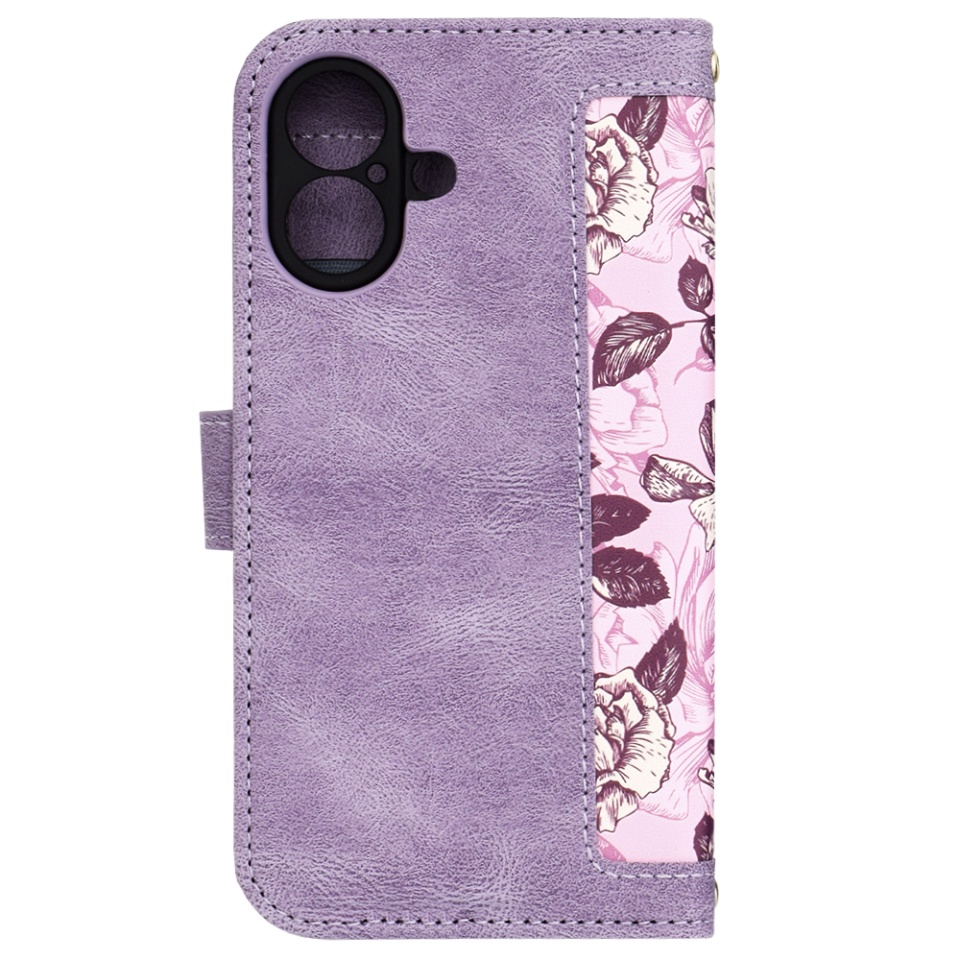 Husa pentru iPhone 16, SKYDDAR INNOVATION, Floral Wallet, din Piele Ecologică cu Design Floral, Protecție 360°, Stand Integrat, Buzunare pentru Carduri, Mov, set cu sticker - 1 | YEO
