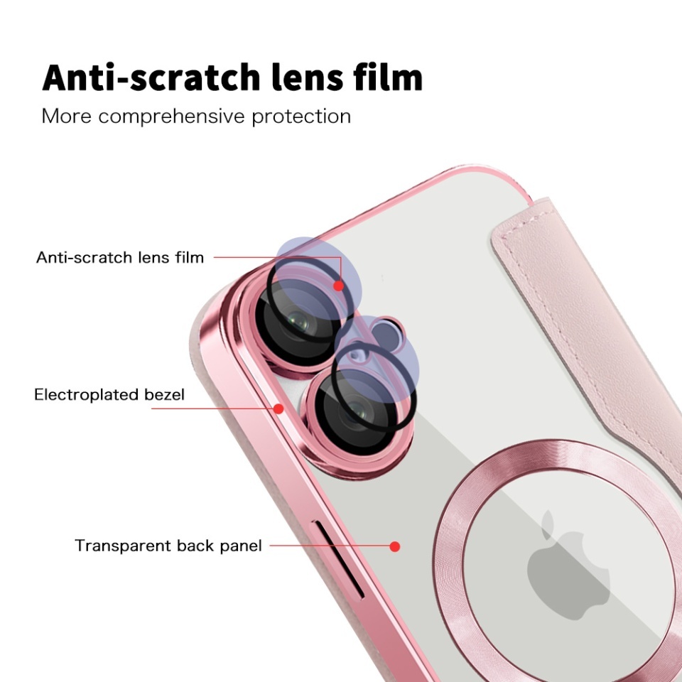 Husa pentru iPhone 16 tip carte, SKYDDAR INOVATION, SmartMag Book, Magsafe, RFiD, Suport Carduri, set cu sticker, Roz - 2 | YEO