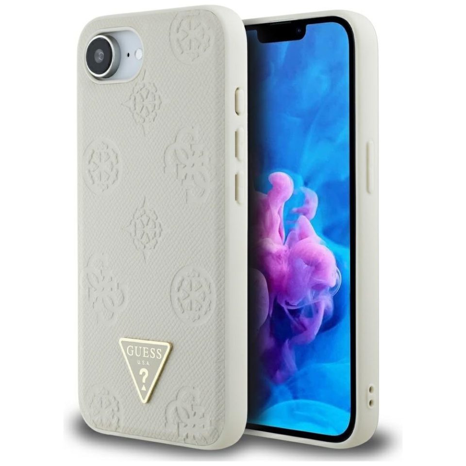 Husa pentru iPhone 16e, Guess, Peony Grained Hot Stamp Triangle Logo MagSafe, Bej