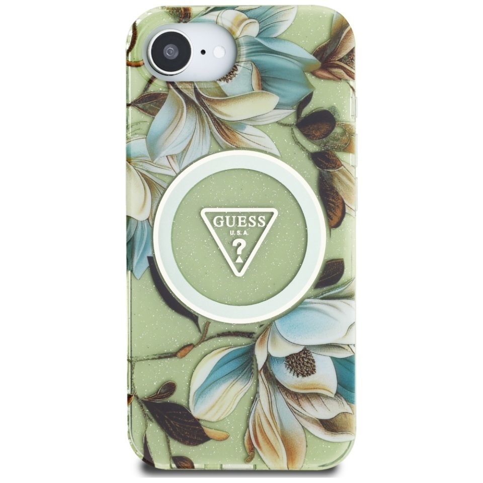 Husa pentru iPhone 16e, IML Flowers with Pearl Strap MagSafe, Guess - Verde - 2 | YEO
