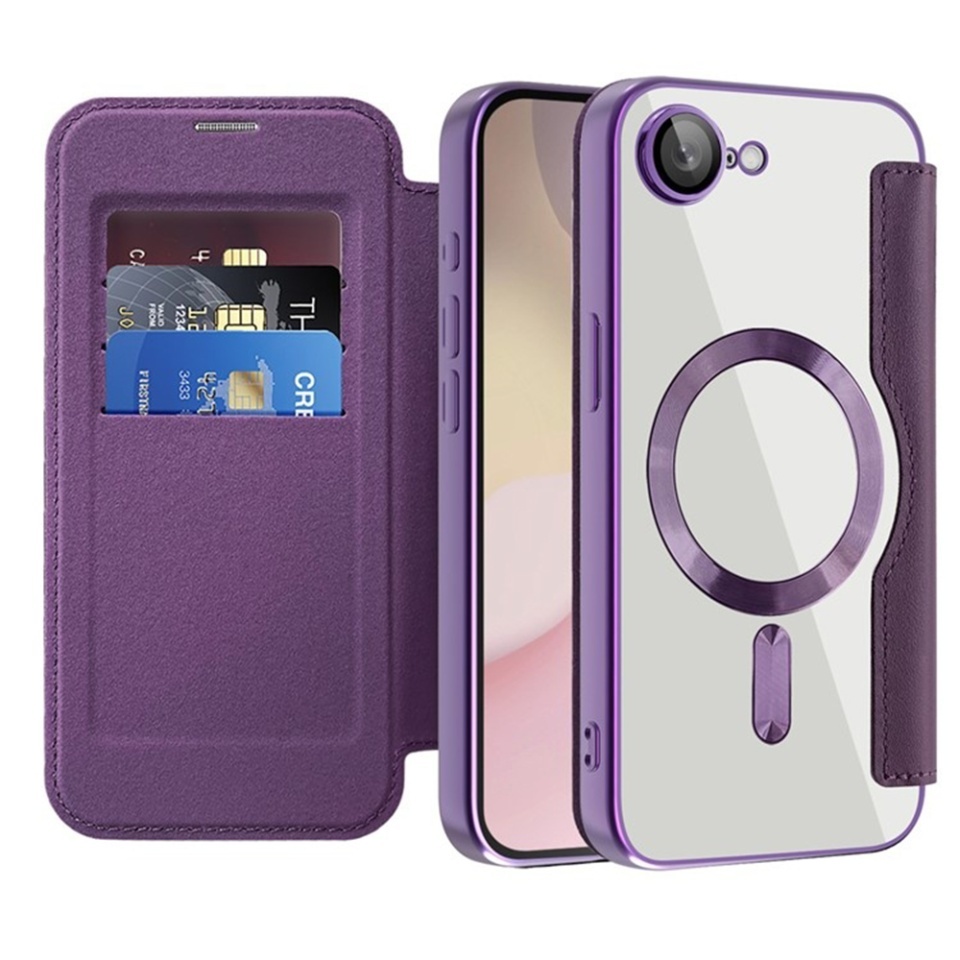 Husa pentru iPhone 16e tip carte, SKYDDAR INOVATION, SmartMag Book, Magsafe, RFiD, Suport Carduri, set cu sticker, Mov