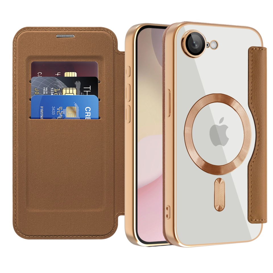 Husa pentru iPhone 16e tip carte, SKYDDAR INOVATION, SmartMag Book, Magsafe, RFiD, Suport Carduri, set cu sticker, Maro