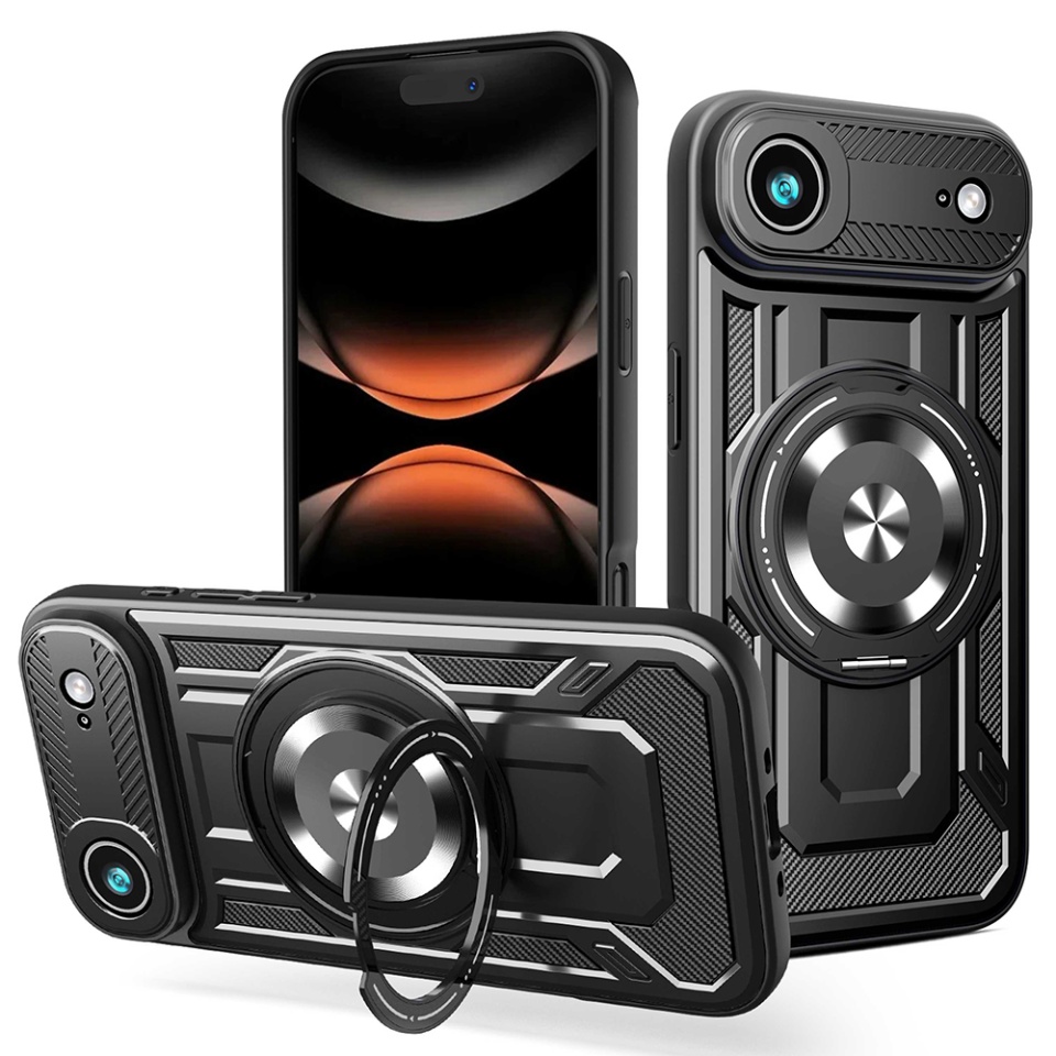 Husa pentru iPhone 17 Air, SKYDDAR INNOVATION, RuggedCam, Inel magnetic antisoc, set cu sticker, Negru
