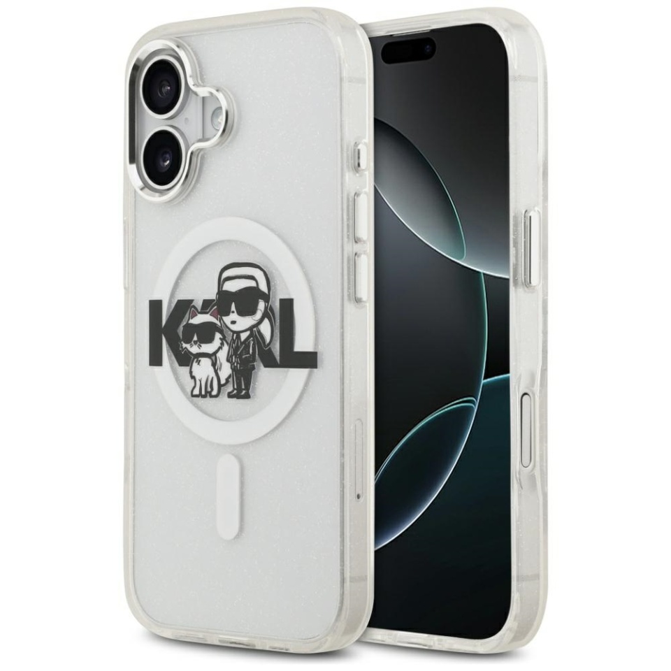 Husa pentru iPhone 17, IML Glitter K&C Heads Logo MagSafe, Clear Mono Karl&Choupette