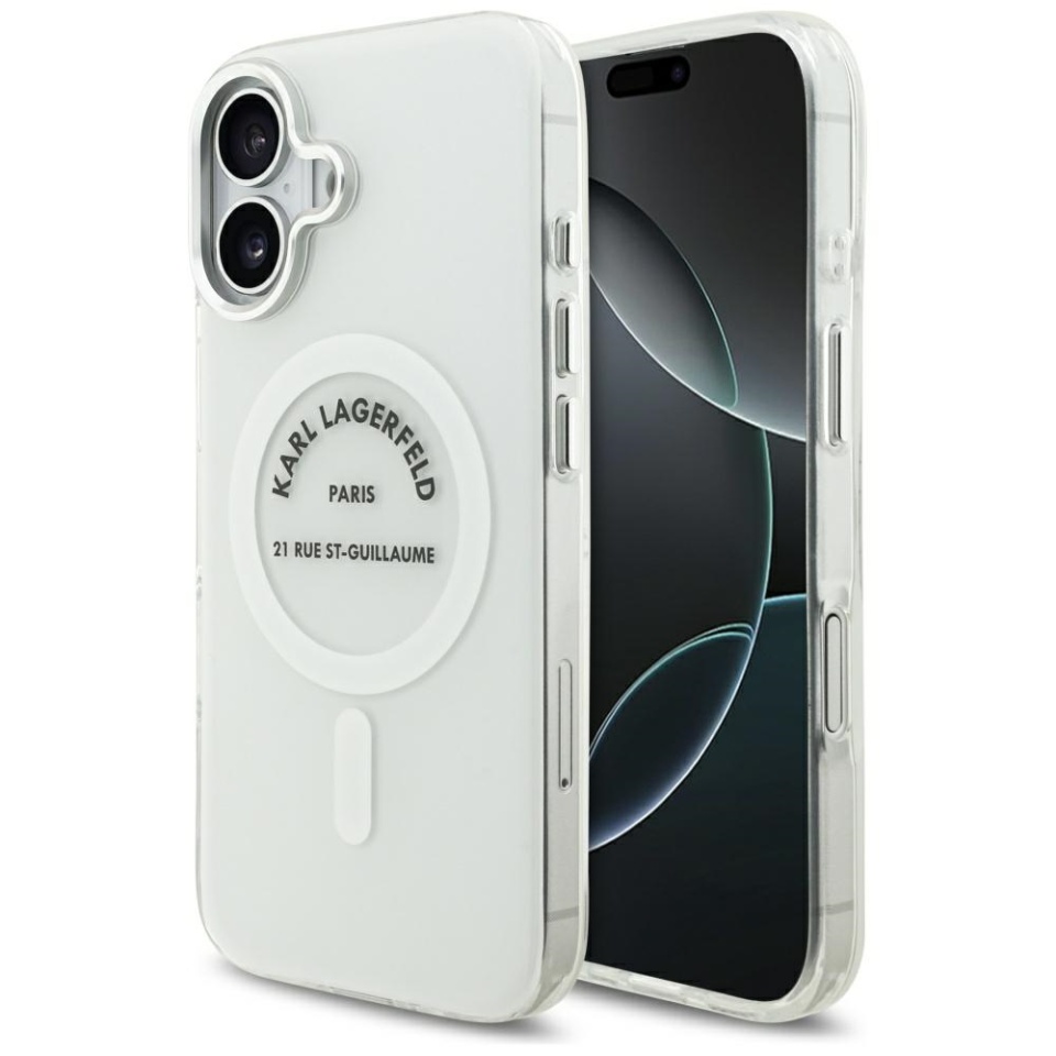 Husa pentru iPhone 17, IML Glitter K&C Heads Logo MagSafe, Clear Mono Karl&Choupette