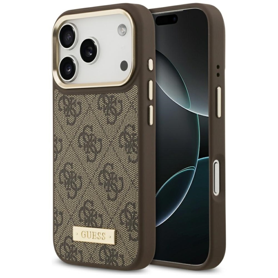 Husa pentru iPhone 17 Pro, Guess, Hardcase 4G Logo Plate MagSafe, Maro