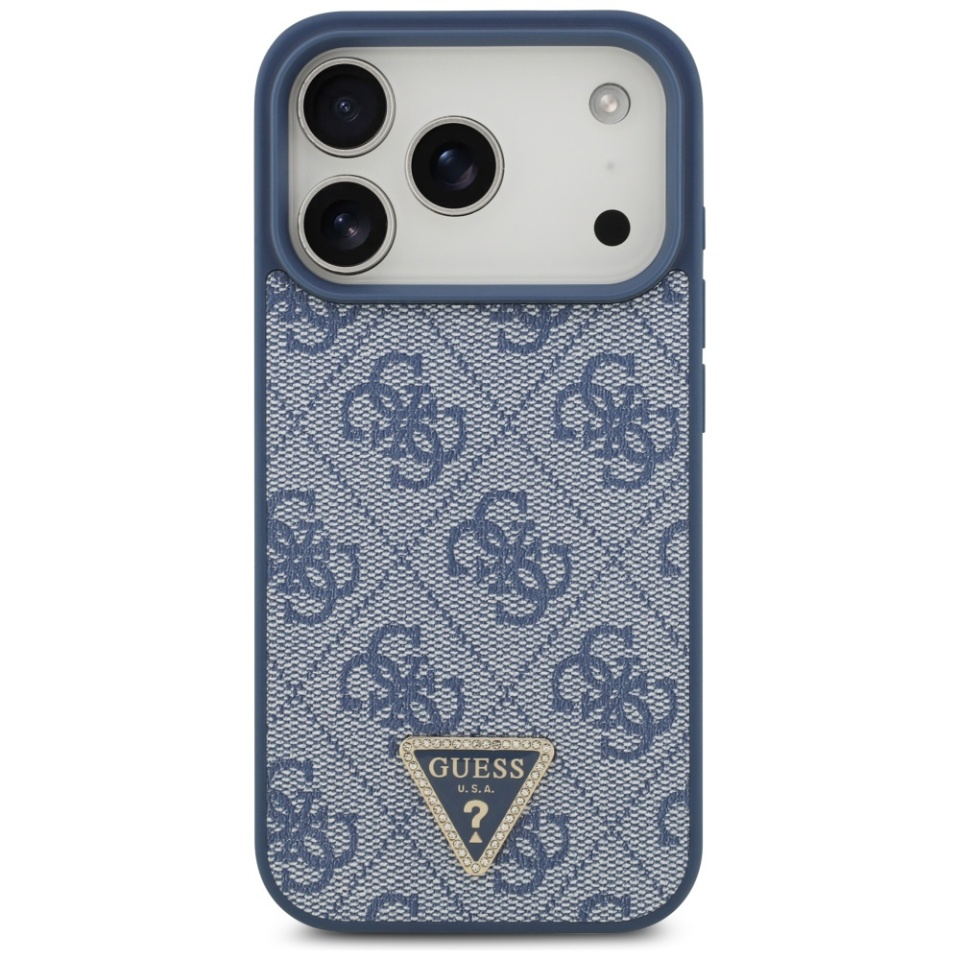 Husa pentru iPhone 17 Pro, Guess, Leather 4G Triangle Strass, Albastru - 1 | YEO