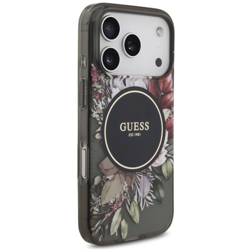 Husa pentru iPhone 17 Pro, IML Flowers with Pearl Strap MagSafe, Guess - Negru - 1 | YEO