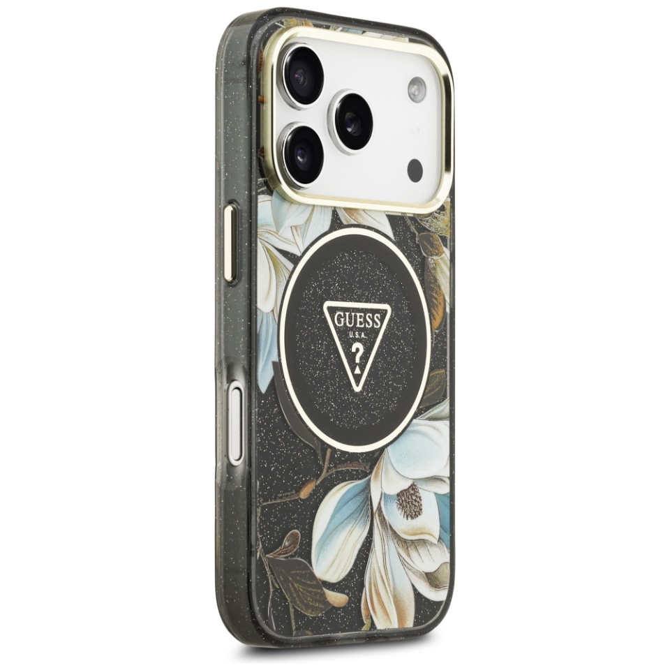 Husa pentru iPhone 17 Pro, IML Flowers with Pearl Strap MagSafe, Guess - Negru - 1 | YEO