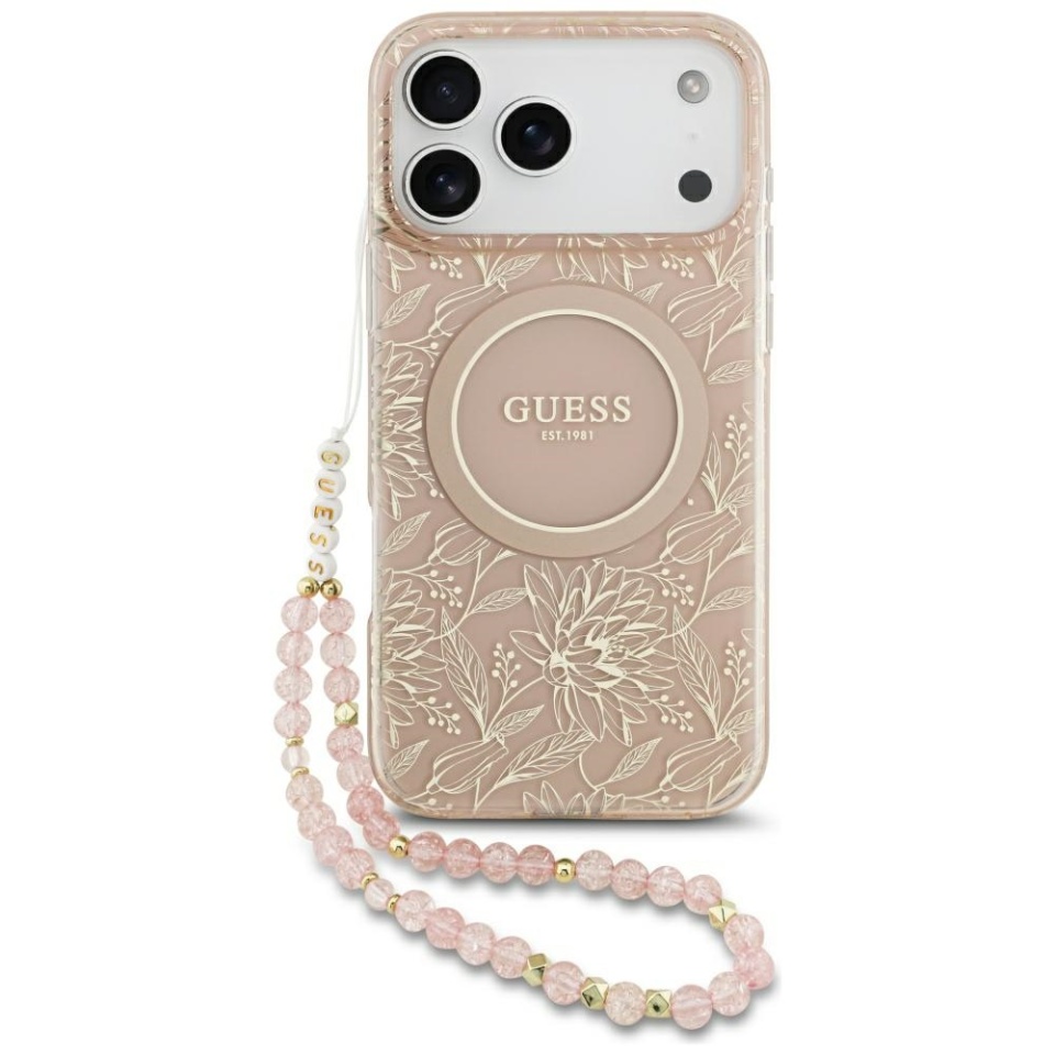 Husa pentru iPhone 17 Pro Max, IML Flowers with Pearl Strap MagSafe, Guess - Roz