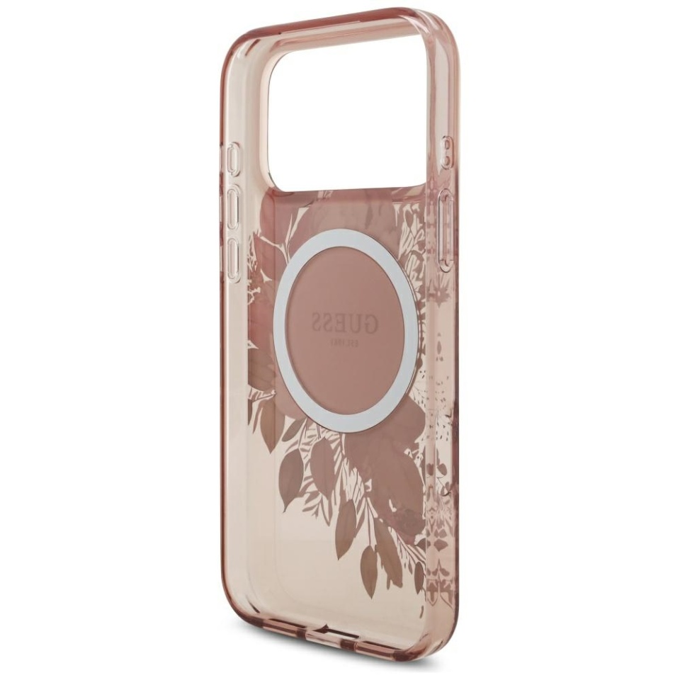 Husa pentru iPhone 17 Pro Max, IML Flowers with Pearl Strap MagSafe, Guess - Roz - 5